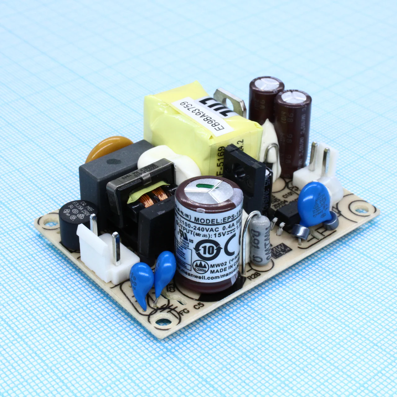 EPS-15-15 - AC-DC, 15Вт, мощность без нагрузки <0.3Вт, вход 85…264V AC, 47…63Гц /120…370В DC, выход 15В/1A,  изоляция 3000В AC, на плате 63.5х45.7х24мм, вход/выход разъемы JST, -30…+70°С