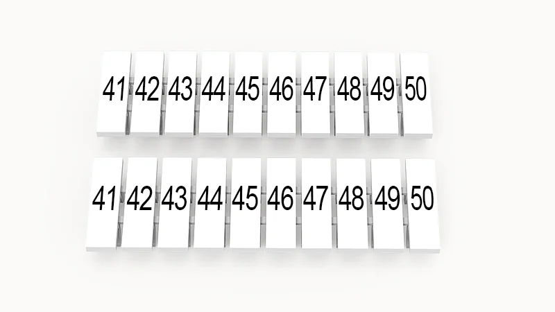 Марк.  полоска ZB3.5-10P-19-05Z(H) - Маркировочные шильдики для клемм DS…, сечением 1,5 мм кв., центральная, 10 шильдиков нанесенные символы: 41-50, с вертикальным расположением, размер шильдика: 2,95х10,7 мм, цвет белый