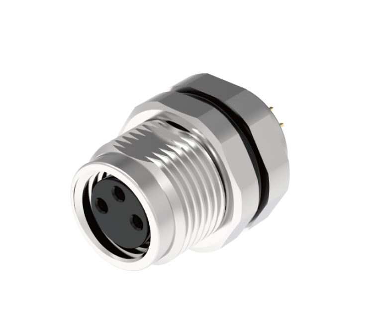 Розеточный разъем в панель M8A03C-FPSRHUC - Розеточный разъем в панель, 3 полюса, M8, гайка спереди, вывод под пайку, A-Code, 3А, 60V, резьба на гайке M10*0.75, резьбовое соединение: латунь, неэкранированный