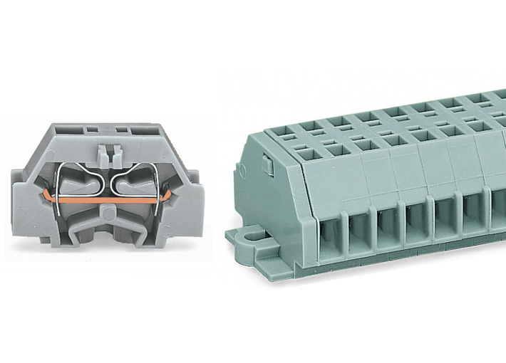 Клеммный блок 241124 - Клеммный блок, боковой подвод кабеля, 24 клемм в сборке, по 2 точки подключения в клемме, тип фиксации провода: пружинный, номинальное сечение: 2,5 мм кв., 24A, 500V, цвет: серый, тип монтажа: монтажные фланцы