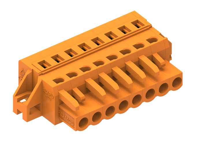 Розеточный разъем на кабель 458108/010 - Розеточный разъем, прямой, на кабель, шаг: 5.08 мм, 8 полюсов, фиксация провода пружинная, исполнение: с монтажными фланцами, 320V, 12A, цвет: оранжевый