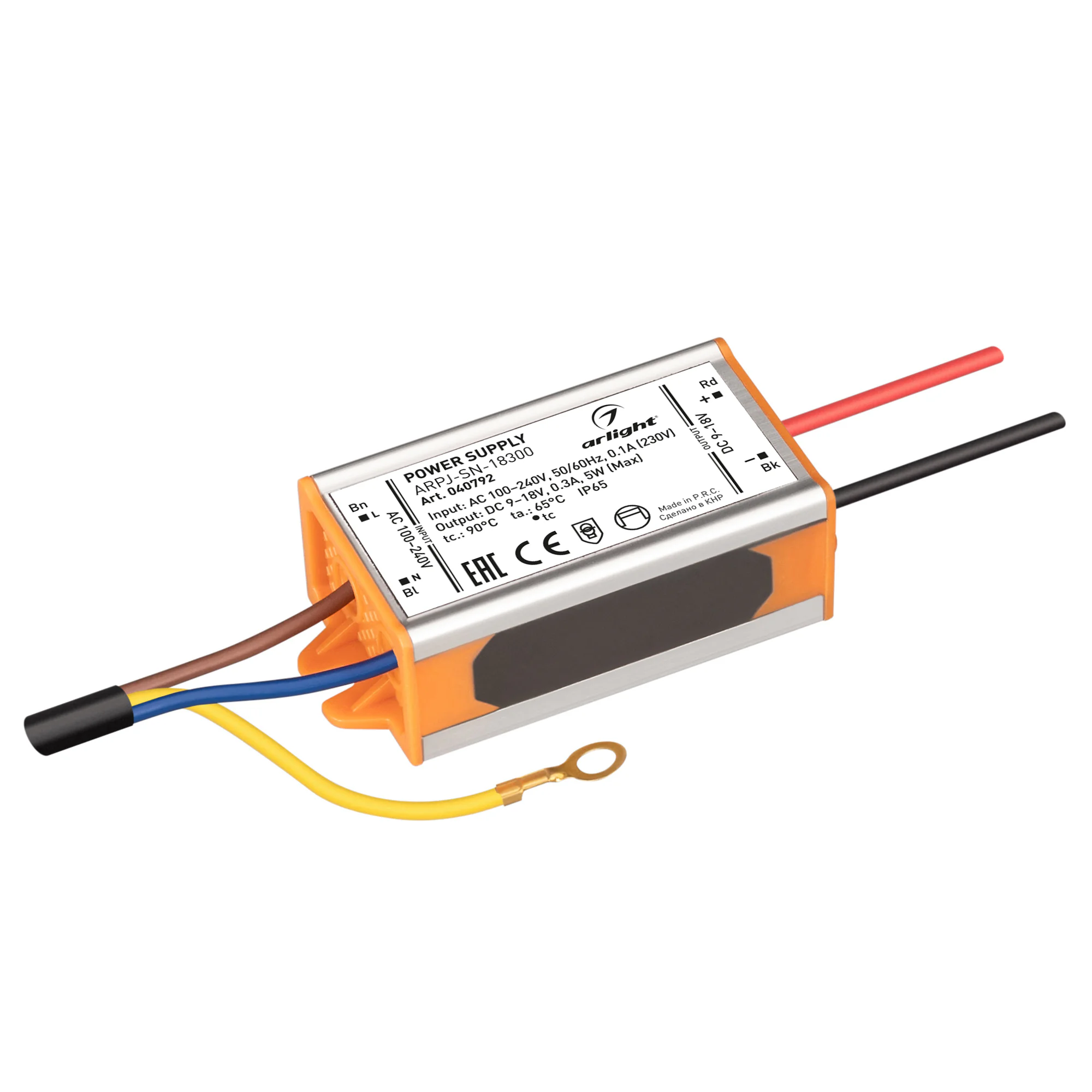 Блок питания ARPJ-SN-18300 (5W, 9-18V, 300mA) 040792 - Источник тока с гальванической развязкой для уличных светильников и мощных светодиодов. Входное напряжение 100-240 VAC. Выходные параметры: 9-18 В, 300 mА, 5 Вт. PF >0.5. Герметичный металлический кор