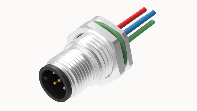 Вилочный разъем SD-M12A-05P-MM-SF8B50 - Вилочный разъем в панель, 5 полюсов, M12, гайка спереди, с проводом, A-Code, сечение проводовников: 0.34 мм кв., (цвет проводовников: коричневый, белый, синий, черный, серый), 4А, 60V, M16*1.5, металл