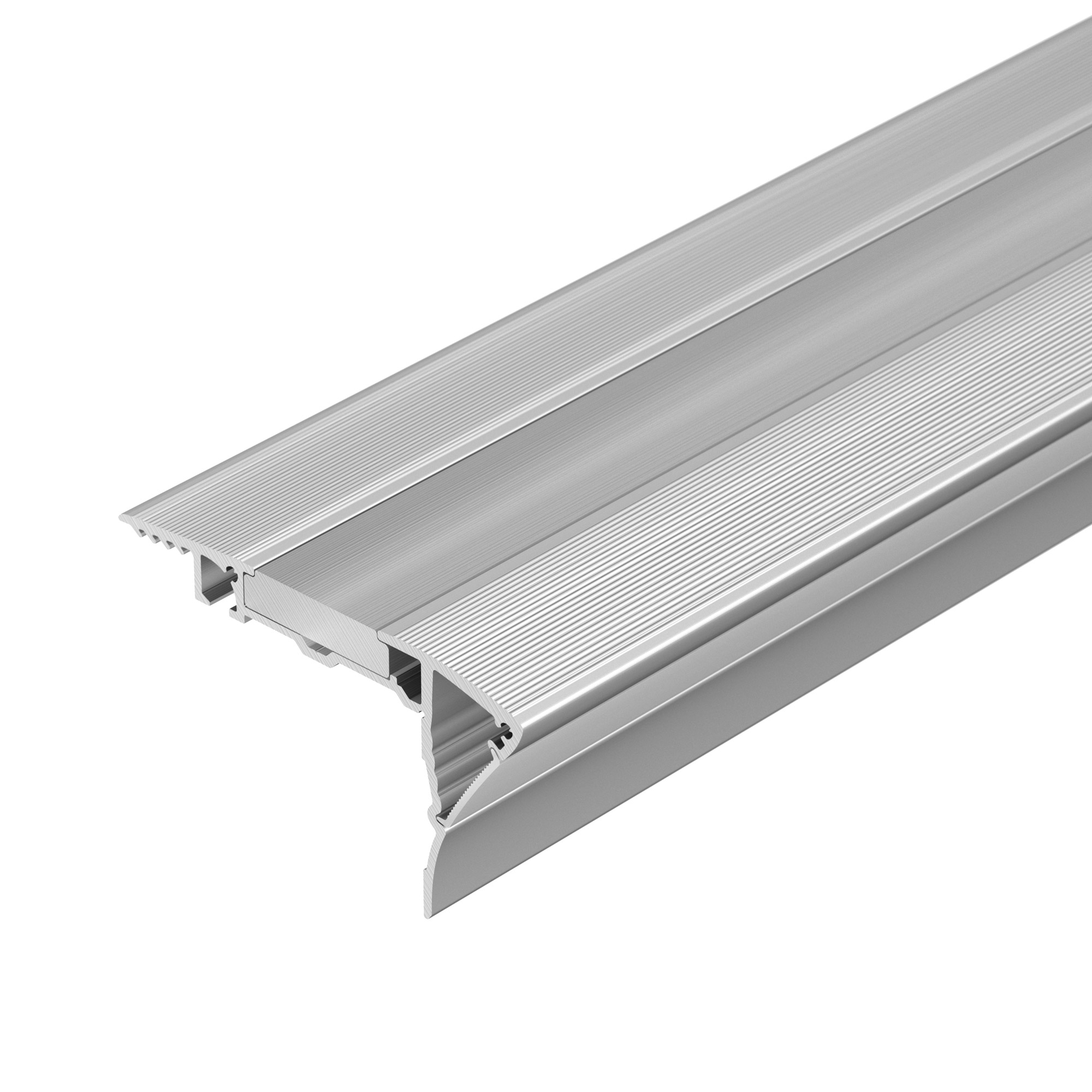 Профиль с экраном ALU-STAIR-DK-2000 ANOD+FROST 015473 - Поставка под заказ от 1 компл. Комплект с экраном. Алюминиевый профиль для ступеней, покрытых ковром. Подсветка вниз и вверх (опционально). В комплекте - матовый экран, акриловая ребристая сатинирова