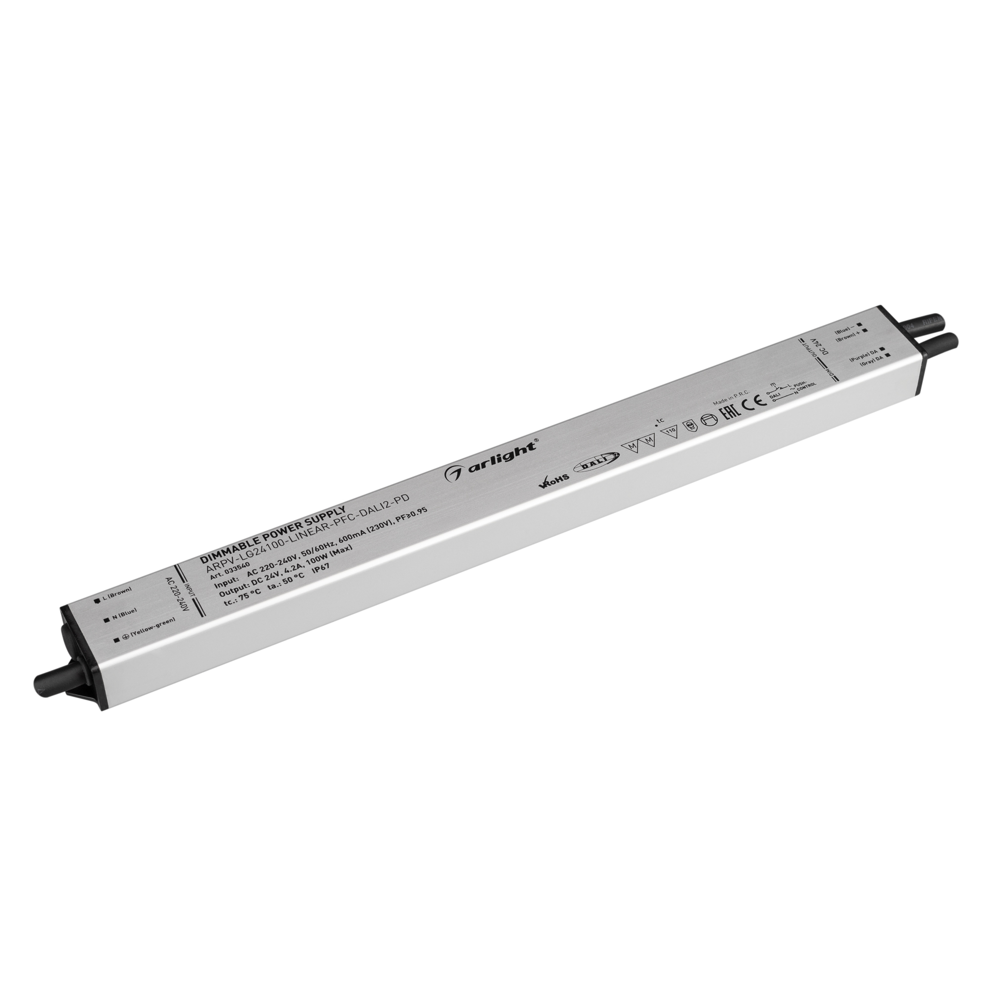 Блок питания ARPV-LG24100-LINEAR-PFC-DALI2-PD (24V, 4.2A, 100W) 033540 - Диммируемый блок питания 24V с гальванической развязкой, ток 4.2А, 100Вт, с управлением DALI, c функцией PUSH-DIM, с корректором мощности, PF>0,95. Тонкий металлический корпус IP67. 
