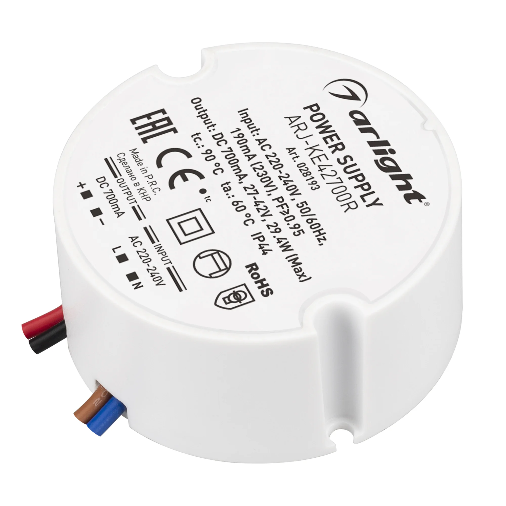 Блок питания ARJ-KE42700R (29W, 700mA, PFC) 028193 - Источник тока с гальванической развязкой для светильников и мощных светодиодов. Входное напряжение 220-240 VAC. Выходные параметры: 27-42 В, 700 mА, 29 Вт. Встроенный PFC >0.95. Негерметичный пластиковы