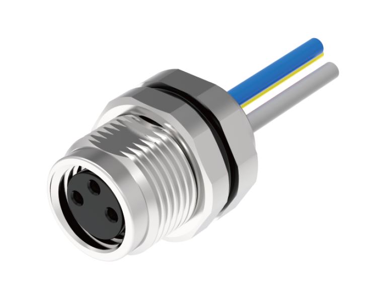 Розеточный разъем в панель M8A03C-FRHC-UC0.5 - Розеточный разъем в панель, 3 полюса, M8, гайка спереди, с проводом 0,5 метра, A-Code, 3А, 60V, резьба на гайке M10*0.75, резьбовое соединение: латунь неэкранированный