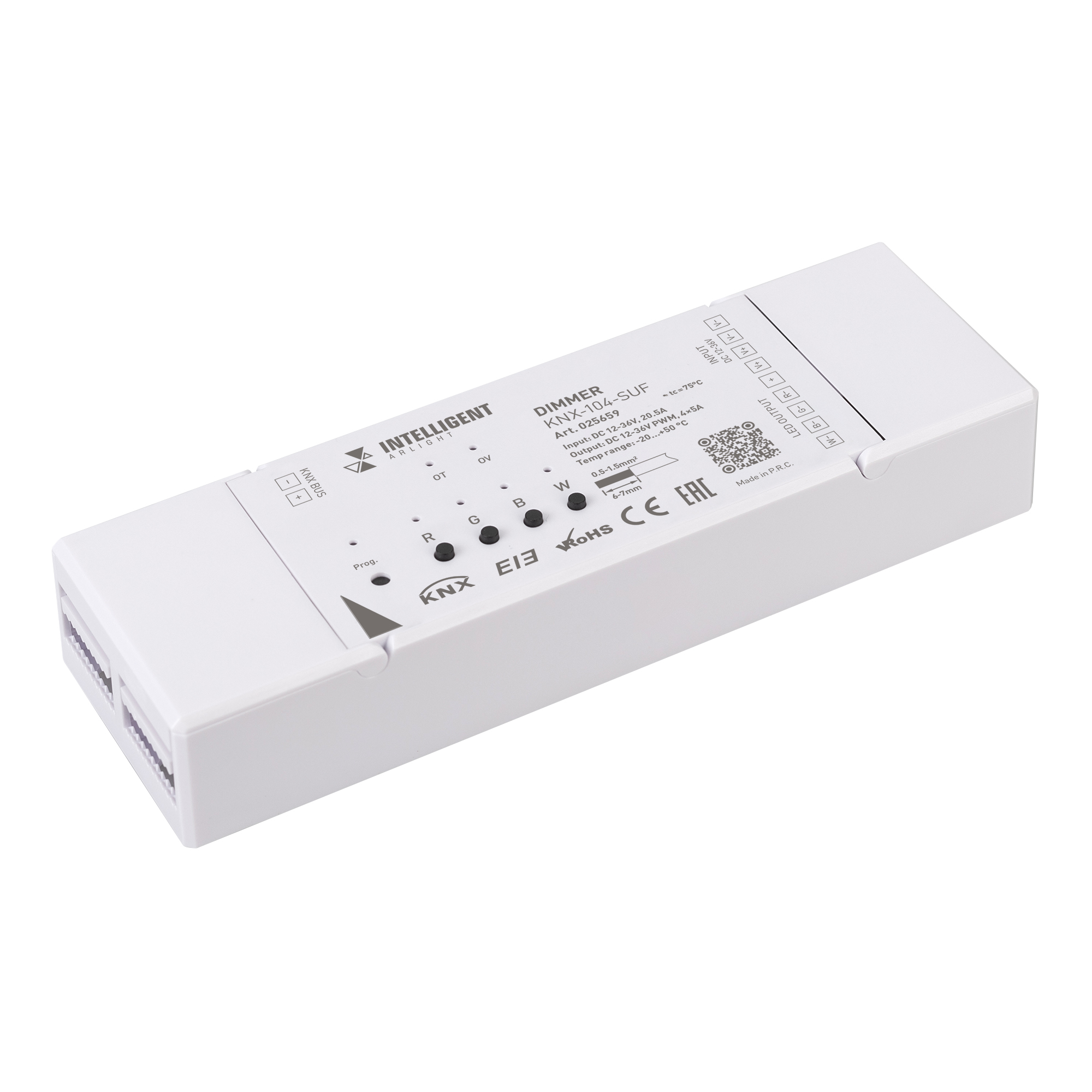 INTELLIGENT ARLIGHT Диммер KNX-104-SUF (12-36V, 4x5A) 025659 - Универсальный диммер для светодиодной ленты стандарта KNX, для локальной установки. 4 канала управления. До 15 сцен, 3-х байтное управление RGB, последовательности, хромотерапия, и др. функции