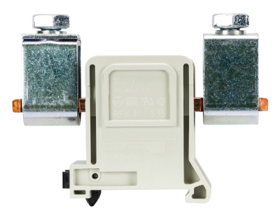 Клемма болтовая RFK 1/95 K S35 - Сильноточная болтовая клемма, тип фиксации провода: зажим-зажим, номинальное сечение: 95 мм кв., 250A, 1000V, ширина: 32 мм, цвет: серый, тип монтажа: DIN 35