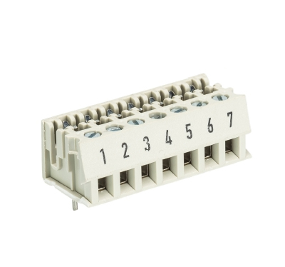 Клемма Wiecon LPSTL 1 / 7 - Клемма на торец платы, для соединения печатных плат, подвод кабеля сбоку, 7 полюсов, шаг: 5 мм, винтовая фиксация провода, с маркировкой, 250V, 5A, цвет: серый, серия LPST L1