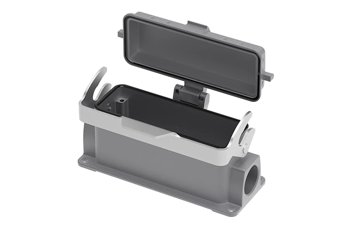 Закрытое основание разъема S24B-SM-1L.M-PG21-PC - Основание разъема на панель, закрытое, типоразмер 24B, с уплотнителем, 1 отверстие с резьбой для кабельных вводов PG21, с одной защелкой, с защитной крышкой, материал корпуса: алюминиевый сплав