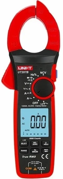 UT207B - Токоизмерительные клещи, True RMS, 1000В, 1000А, 60МОм, NCV, емкость, частота, постоянный ток до 1000А