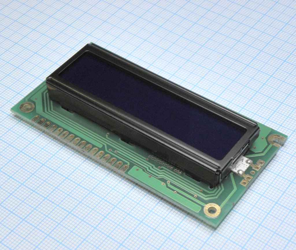 WH1602A-AEI-CTV# - ЖКИ знакосинтезирующий 16 x 2, ISTN Негативный/прозрачный светодиодная подсветка янтарная, размеры 84x44 мм, видимая область 66x16, питание 5В, -20...70°C, контактные площадки снизу 16 выводов