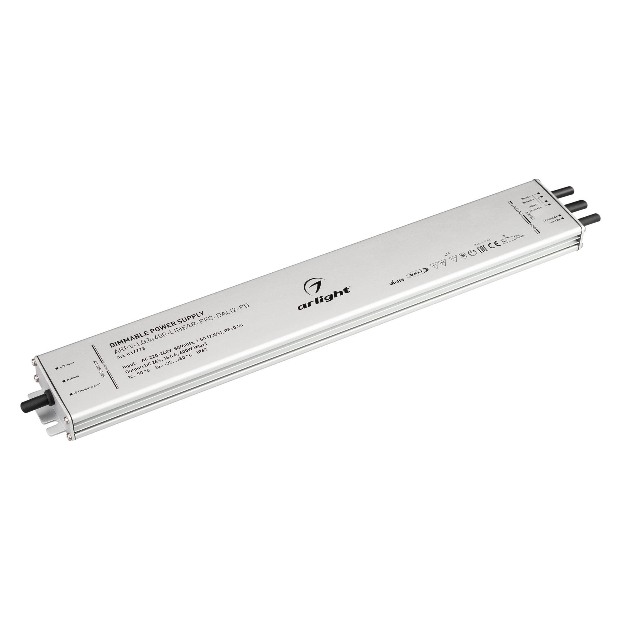 Блок питания ARPV-LG24400-LINEAR-PFC-DALI2-PD (24V, 16.7A, 400W) 037775 - Диммируемый блок питания 24V с гальванической развязкой, ток 16.7А, 400Вт, с управлением DALI, c функцией PUSH-DIM, с корректором мощности, PF>0,95. Тонкий металлический корпус IP67