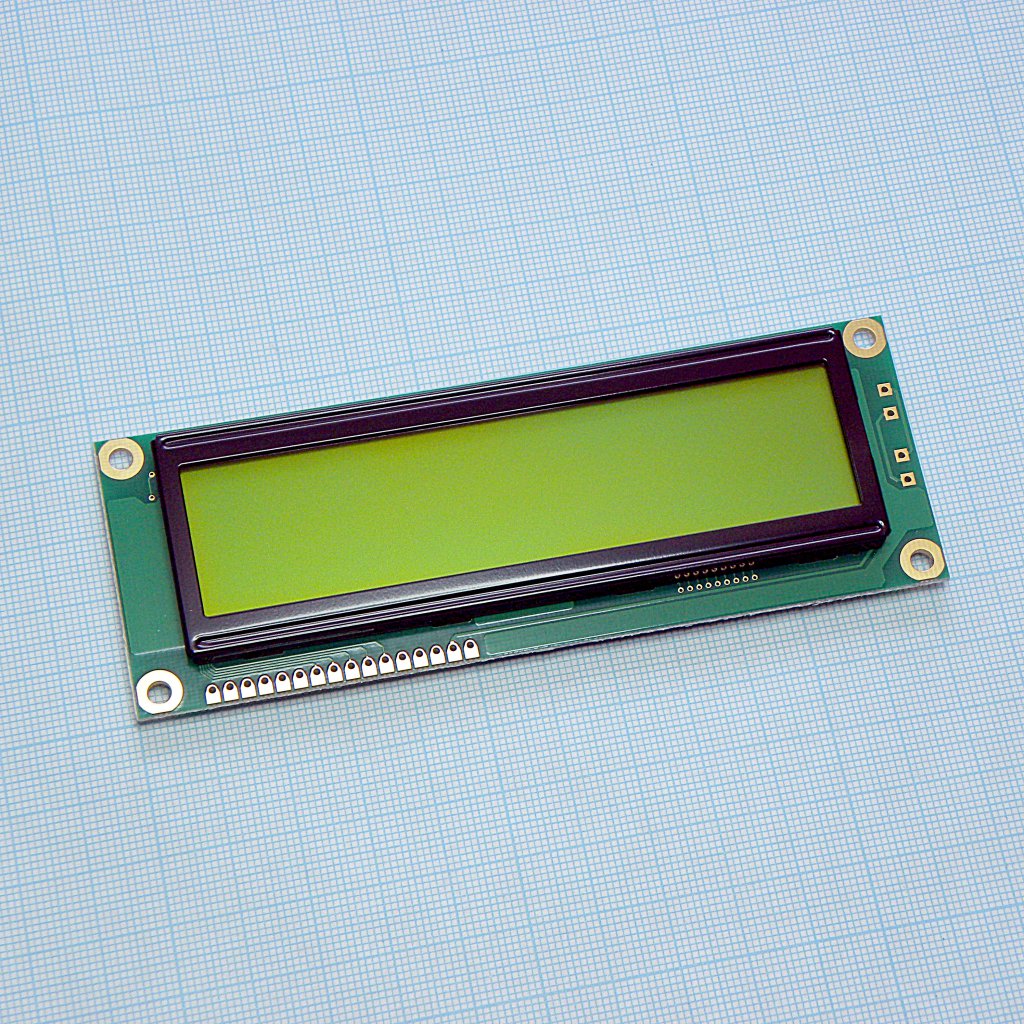 WH1602L1-NYG-CT# - ЖКИ знакосинтезирующий 16 x 2, STN Желто-зеленый Позитивный/отражающий без подсветки, размеры 122x44 мм, видимая область 99x24 мм, питание 5В, -20...70°C, контактные площадки снизу 16 выводов