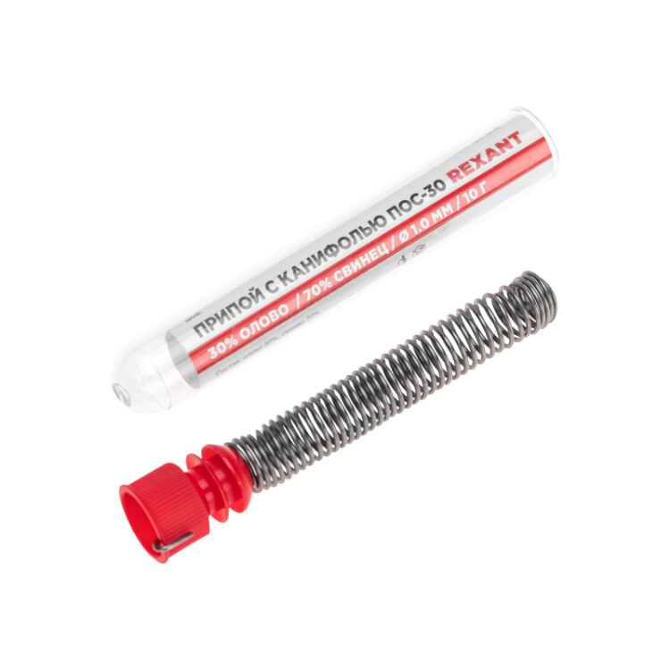 Припой с канифолью ПОС-30 10гр  1.0мм - Припой трубчатый с канифолью REXANT, 10 г, d1.0 мм, (олово 30%, свинец 70%), колба