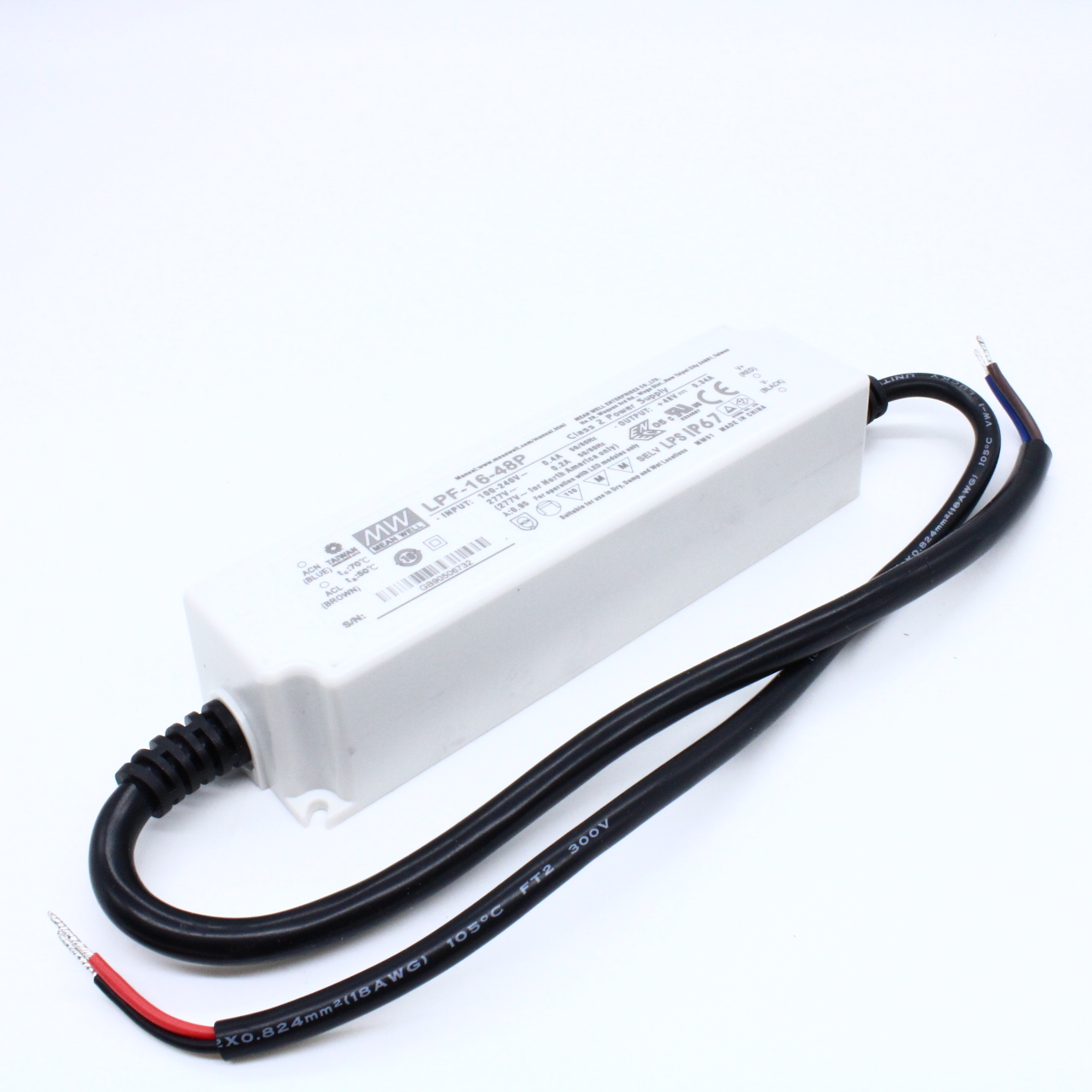LPF-16-48P - AC-DC, 16Вт, вход 90…305В AC, 47…63Гц /127…431В DC, выход 48В/0.34А, ККМ, изоляция 3750В AC, IP67, в кожухе 148х40х32мм, -40…+70°С