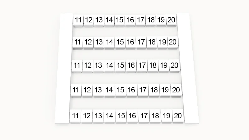 Марк. кассета DEK5-50P-19-19Z(H) - Маркировочные шильдики для клемм WS…, сечением 2,5 мм кв., боковая, 50 шильдиков, нанесенные символы: 11-20, по 5 полосок,с вертикальным расположением, размер шильдика: 4,8х5,5 мм, цвет белый