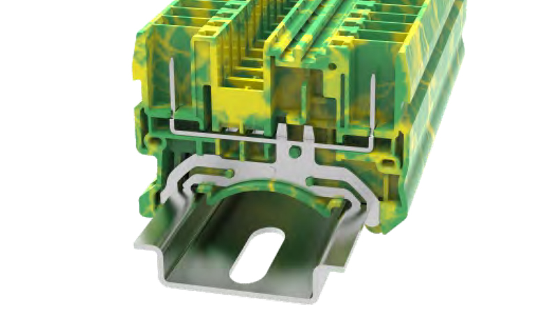 Клемма PE, для разъемов DS2.5/2P-PE-01P-1C - Клемма для подключения внешнего разъема, с заземлением, 2 точки подключения, тип фиксации провода: Push-in, номинальное сечение: 2.5 мм кв., ширина: 5,2 мм, цвет: желто-зеленый, втычная перемычка, тип монтажа: 