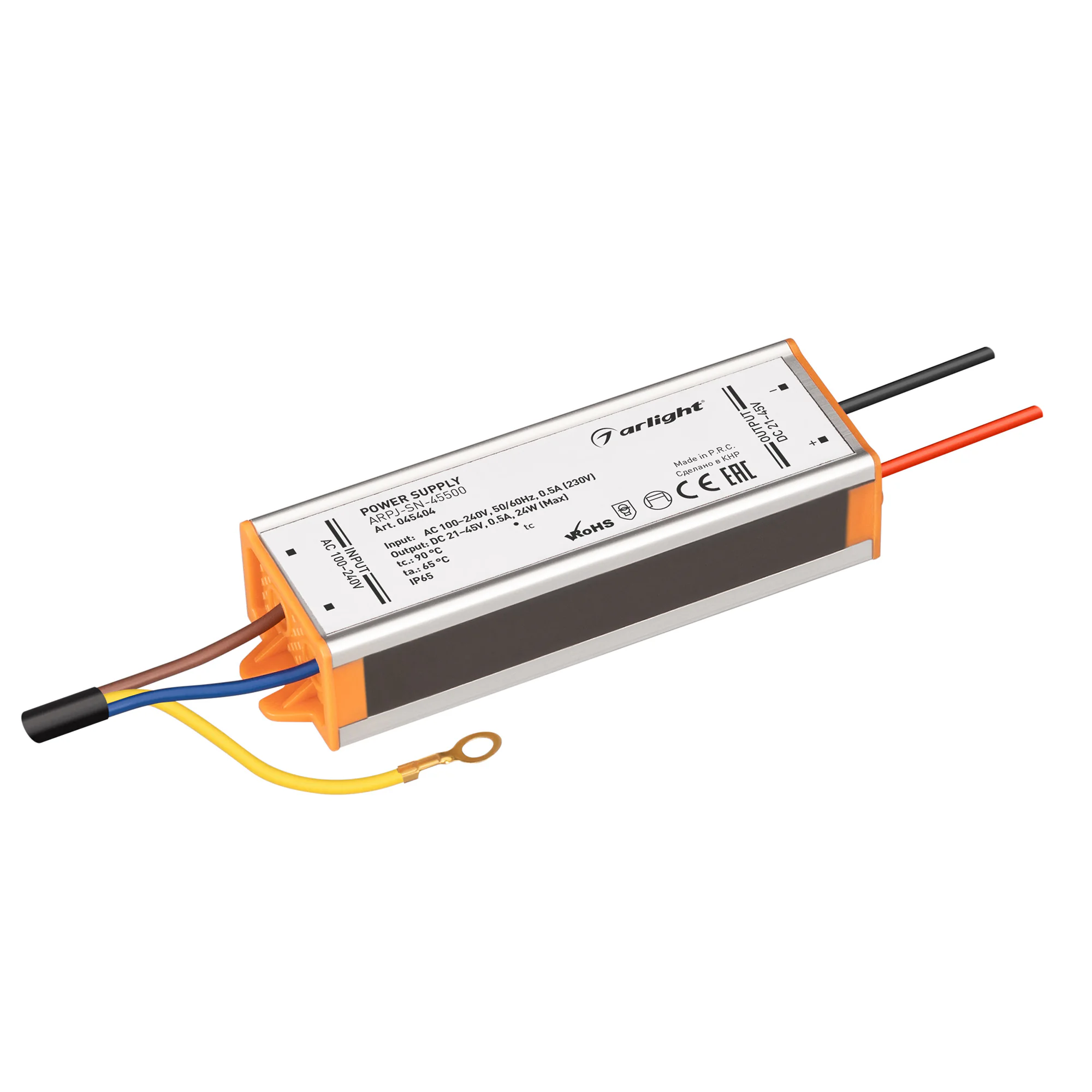 Блок питания ARPJ-SN-45500 (24W, 21-45V, 500mA) 045404 - Источник тока с гальванической развязкой для уличных светильников и мощных светодиодов. Входное напряжение 100-240 VAC. Выходные параметры: 21-45 В, 500 mА, 24 Вт. PF >0.5. Герметичный металлический
