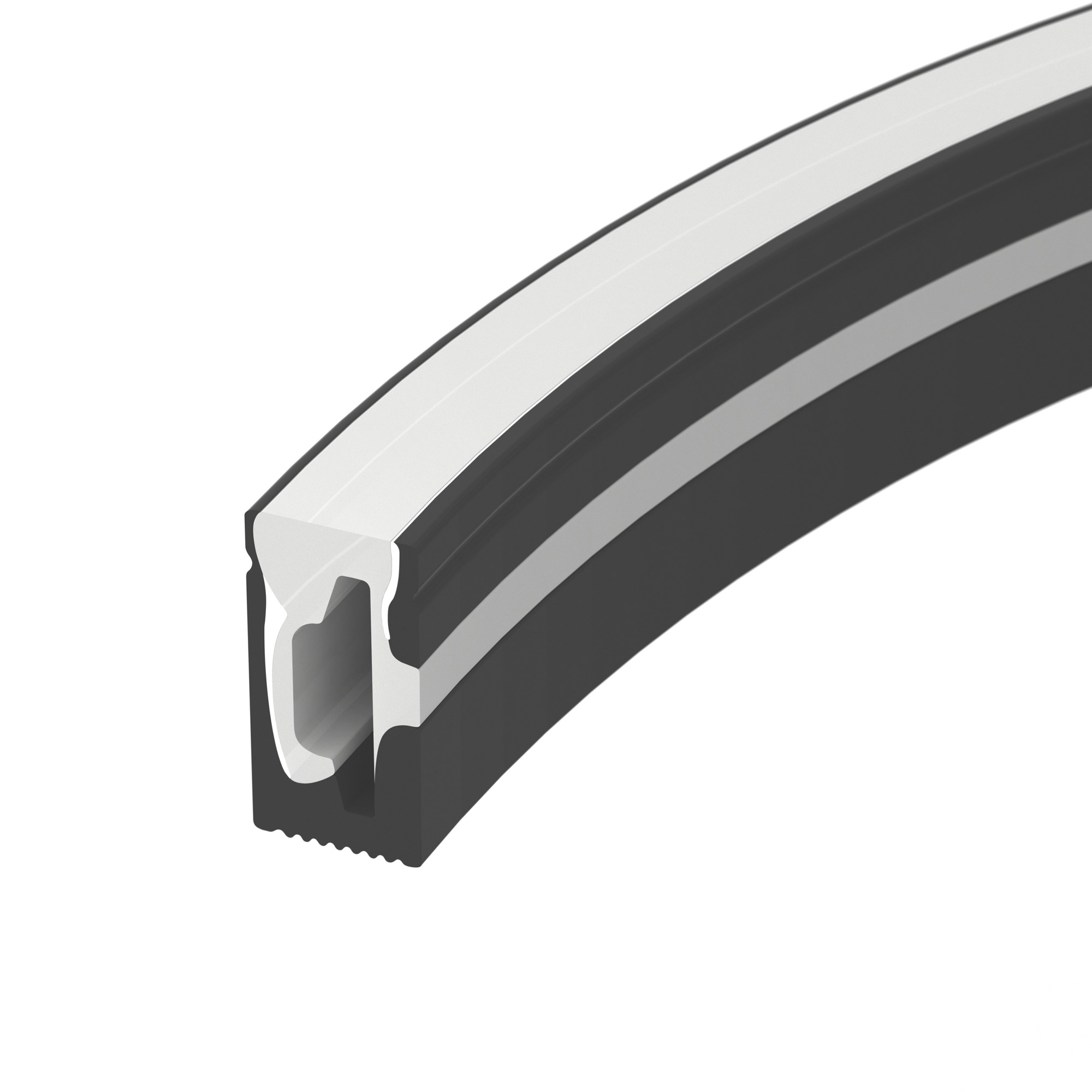 Силиконовый профиль WPH-FLEX-0612-SIDE-S8-5m BLACK 045782 - Цельнолитой силиконовый гибкий профиль, верхняя часть - белая матовая, остальные стороны - черные матовые. Габаритные размеры 5000х6х12 мм. Горизонтальный изгиб SIDE, минимальный радиус изгиба 30