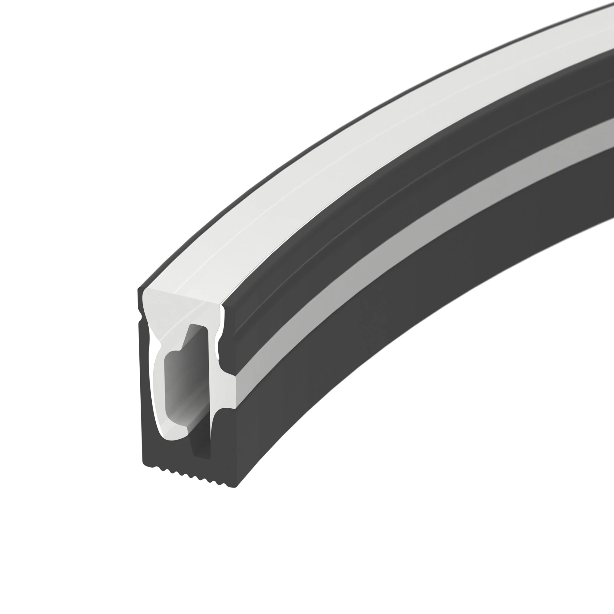 Силиконовый профиль WPH-FLEX-0612-SIDE-S8-5m BLACK 045782 - Цельнолитой силиконовый гибкий профиль, верхняя часть - белая матовая, остальные стороны - черные матовые. Габаритные размеры 5000х6х12 мм. Горизонтальный изгиб SIDE, минимальный радиус изгиба 30