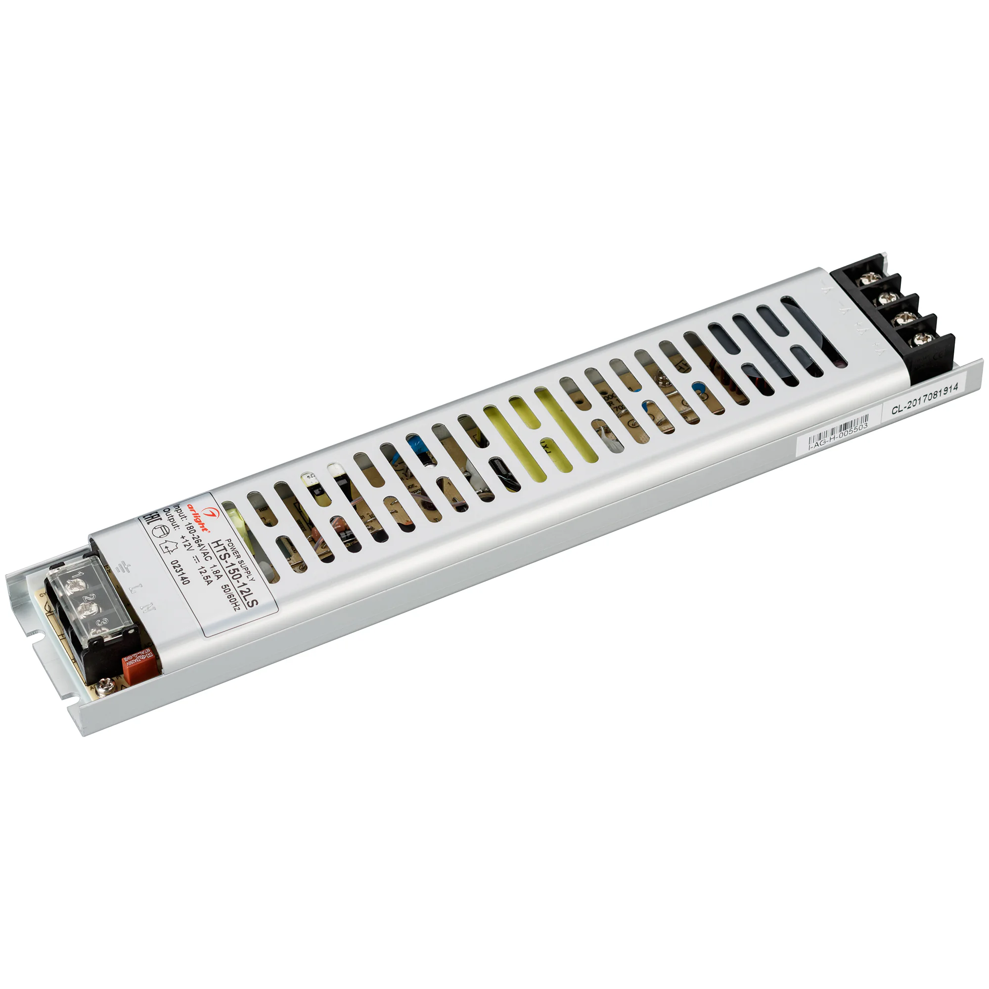 Блок питания HTS-150-12-LS (12V, 12.5A, 150W) 023140 - Ультратонкий и узкий блок питания с гальванической развязкой, предназначен для лайтбоксов, входное напряжение 180-264VAC, выход 12V 12.5A, мощность 150W, размеры 278x53x21 мм. Гарантия 3 года.