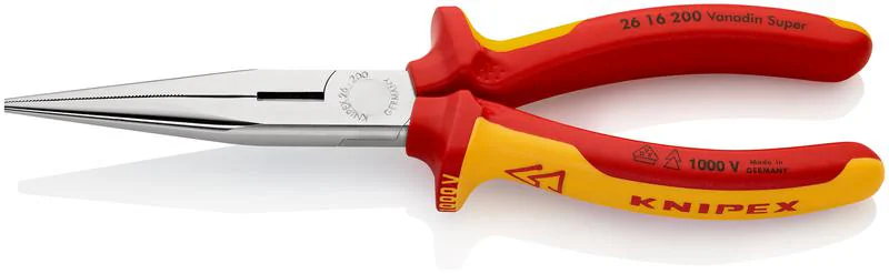 Длинногубцы KN-2616200 - Длинногубцы с прямыми, полукруглыми, длинными губками, с режущей кромкой, с изолированными многокомпонентными рукоятками, испытанными на соответствие нормам VDE, длина 200мм