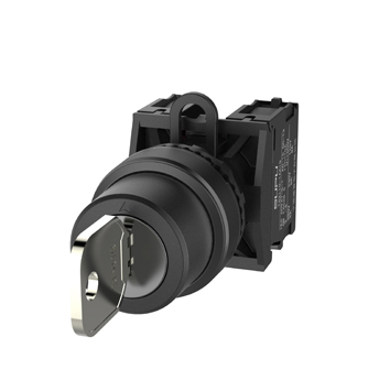 Селекторный переключатель (черный) TS2020-2BF60 - Переключатель, с ключом, 3-х позиционный, самовозврат из левого положения и фиксация в правом, ключ вынимается из положения центр+справа, без подсветки, утопленное алюминиевое переднее кольцо, без контактн