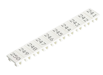 Шильдик 9705A/6/10 B 241-250 - Маркировка для клемм сечением 4 мм.кв., шириной 6 мм, 10 шильдиков, белая, нанесенные знаки: 241 – 250