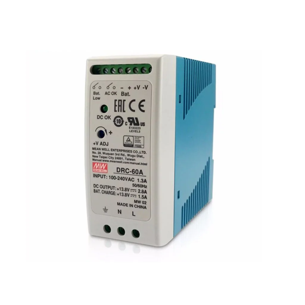 DRC-60A - AC-DC с функцией UPS, 60Вт, вход 90...264В АС/127...370В DC, выход 1: 13.8В/0…4.3 (2.8 ном.) А, выход зарядного устройства 13.8В/1.5А, изоляция 3000В АС, в корпусе 40х90х100мм, -30...+70°