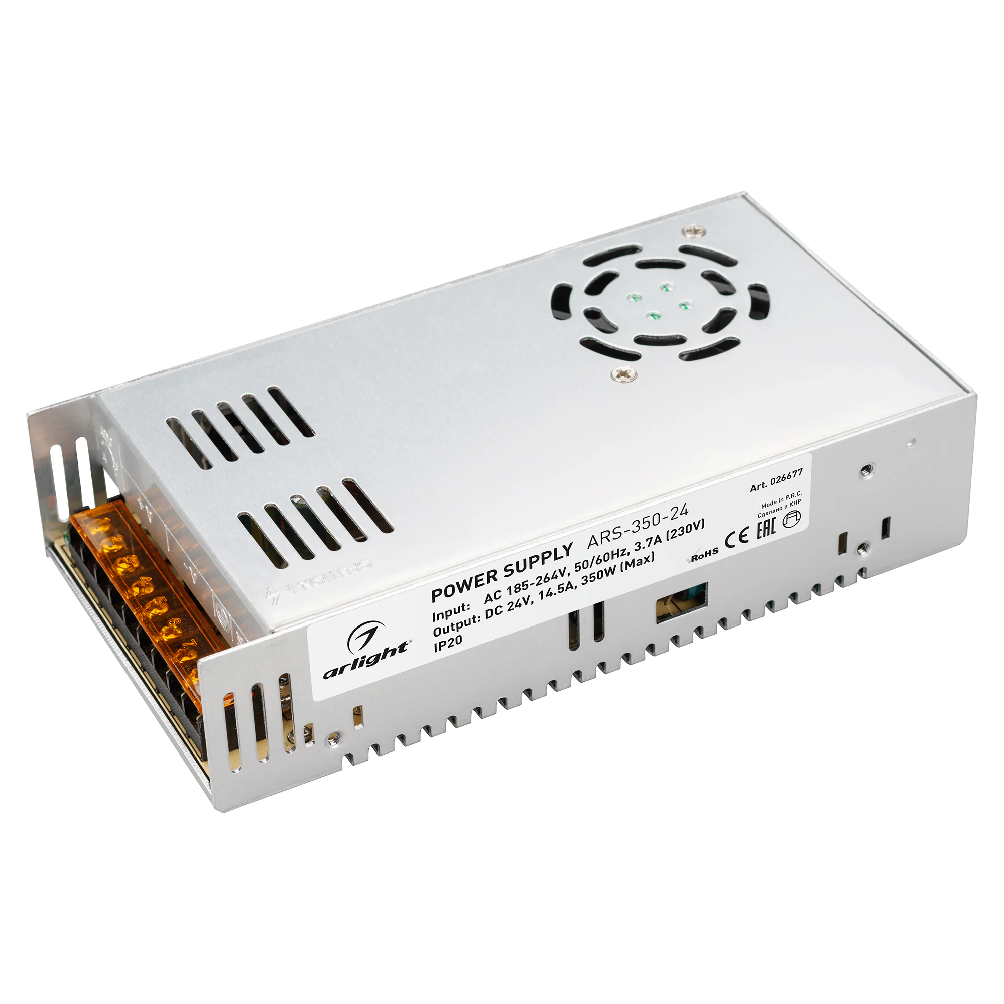 Блок питания ARS-350-24 (24V, 14.5A, 350W) 026677 - Источник напряжения с гальванической развязкой для светодиодных изделий. Входное напряжение 185-264 VAC. Выходные параметры: 24 В, 14.5 А, 350 Вт. Встроенный PFC >0.5. Негерметичный алюминиевый сетчатый 