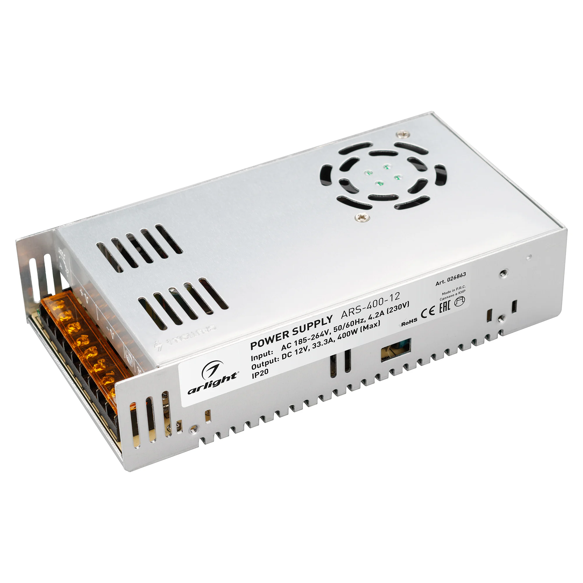 Блок питания ARS-400-12 (12V, 33.3A, 400W) 026863 - Источник напряжения с гальванической развязкой для светодиодных изделий. Входное напряжение 185-264 VAC. Выходные параметры: 12 В, 33,3 А, 400 Вт. Встроенный PFC >0,5. Негерметичный алюминиевый сетчатый 