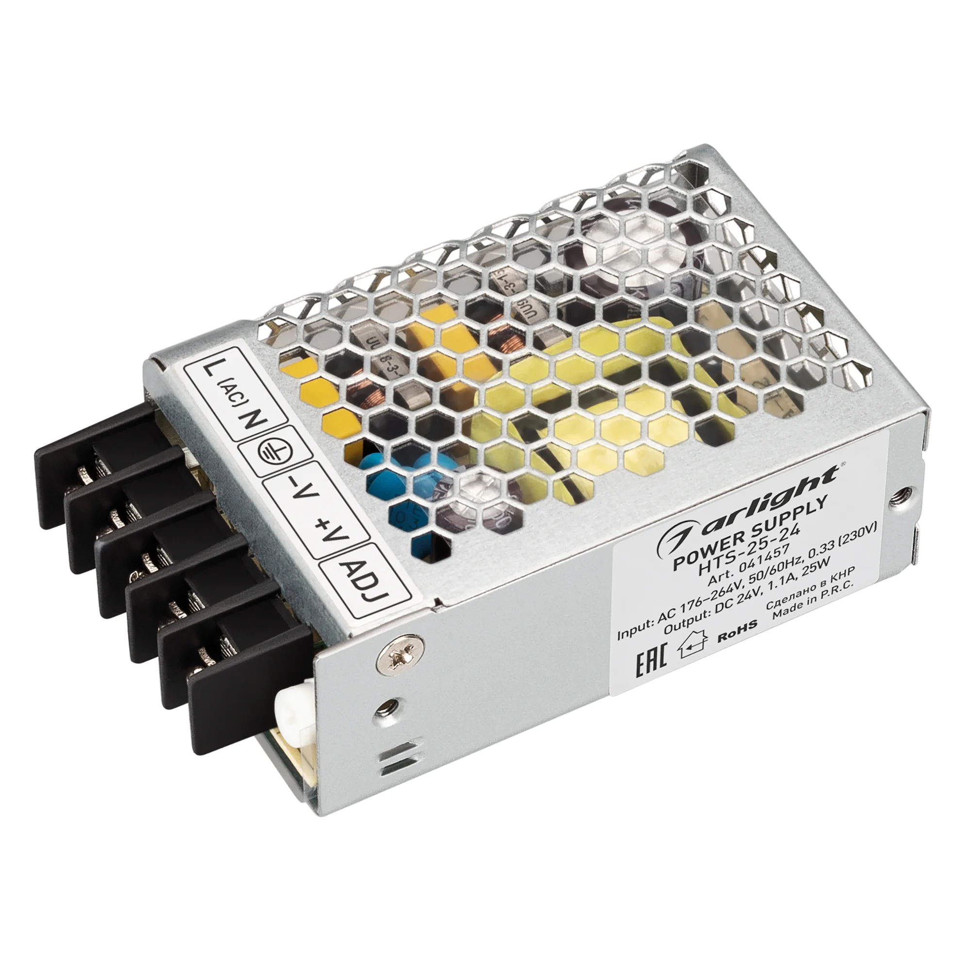 Блок питания HTS-25-24 (24V, 1.1A, 25W) 041457 - Источник напряжения с гальванической развязкой для светодиодных изделий. Входное напряжение 176-264 VAC. Выходные параметры: 24 В, 1,1 А, 25 Вт. Встроенный PFC >0,5. Негерметичный алюминиевый сетчатый корпу