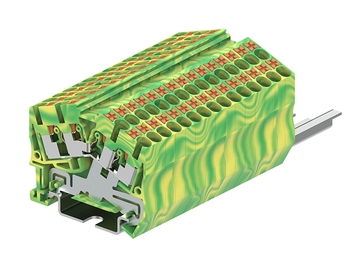 Заземляющая клемма TPS2.5-4-PE - Заземляющая клемма, угловая, 4 точки подключения, тип фиксации провода: push-in, номинальное сечение: 2,5 мм кв., ширина: 5,2 мм, цвет: желто-зеленый, тип монтажа: DIN 35
