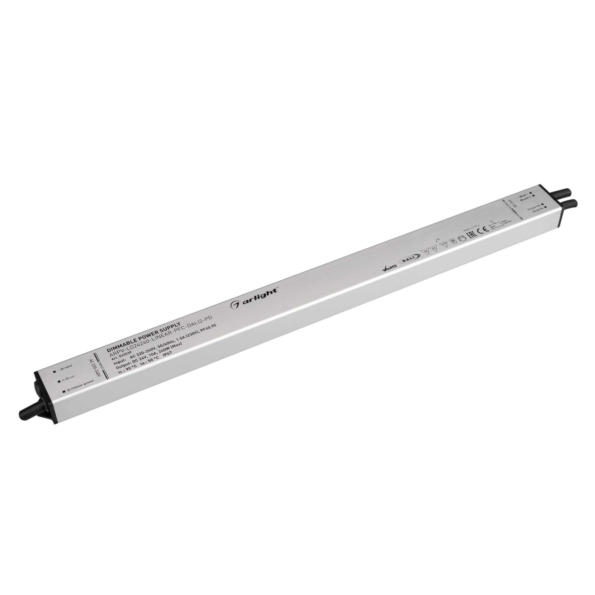 Блок питания ARPV-LG24240-LINEAR-PFC-DALI2-PD (24V, 10A, 240W) 033539 - Диммируемый блок питания 24V с гальванической развязкой, ток 10А, 240Вт, с управлением DALI, c функцией PUSH-DIM, с корректором мощности, PF>0,95. Тонкий металлический корпус IP67. Вх