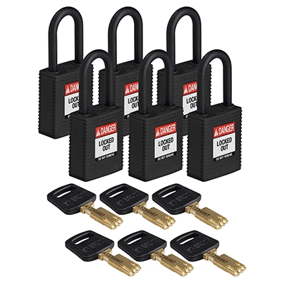 gws150351 - Замки SafeKey нейлоновые с пластиковой дужкой, высота дужки – 38 мм, диаметр дужки – 6.4 мм, нейлоновый корпус, размеры корпуса – 46х38х19 мм, цвет – черный, 6 шт/упак