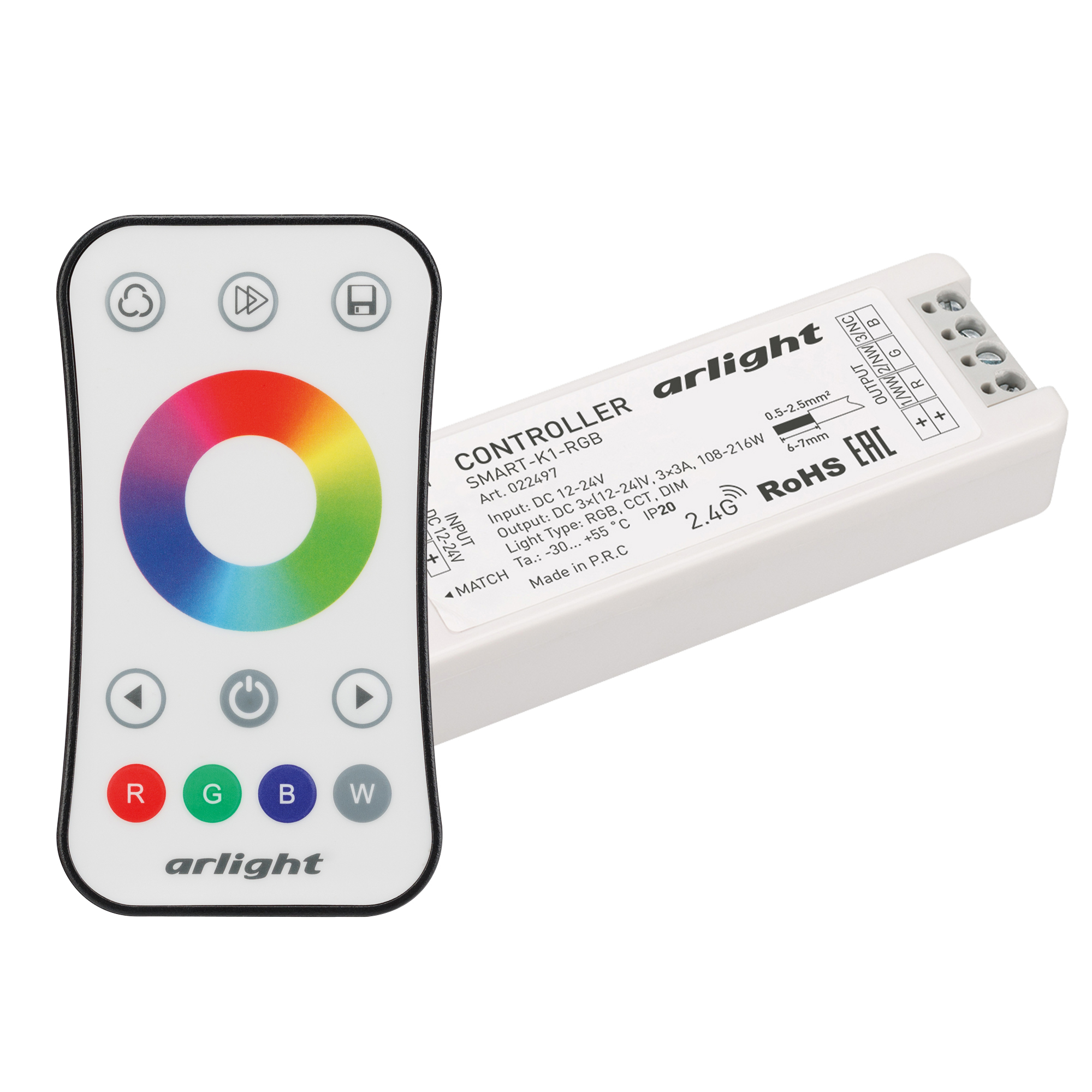 Контроллер SMART-RGB-SET-RING (12-24V, 3x3A, ПДУ 2.4G) 034807 - Комплект контроллер с пультом для RGB светодиодной ленты (ШИМ). Питание/рабочее напряжение 12-24VDC, максимальный ток 3A на канал, 3 канала, максимальная мощность 108-216W. Габариты контролле