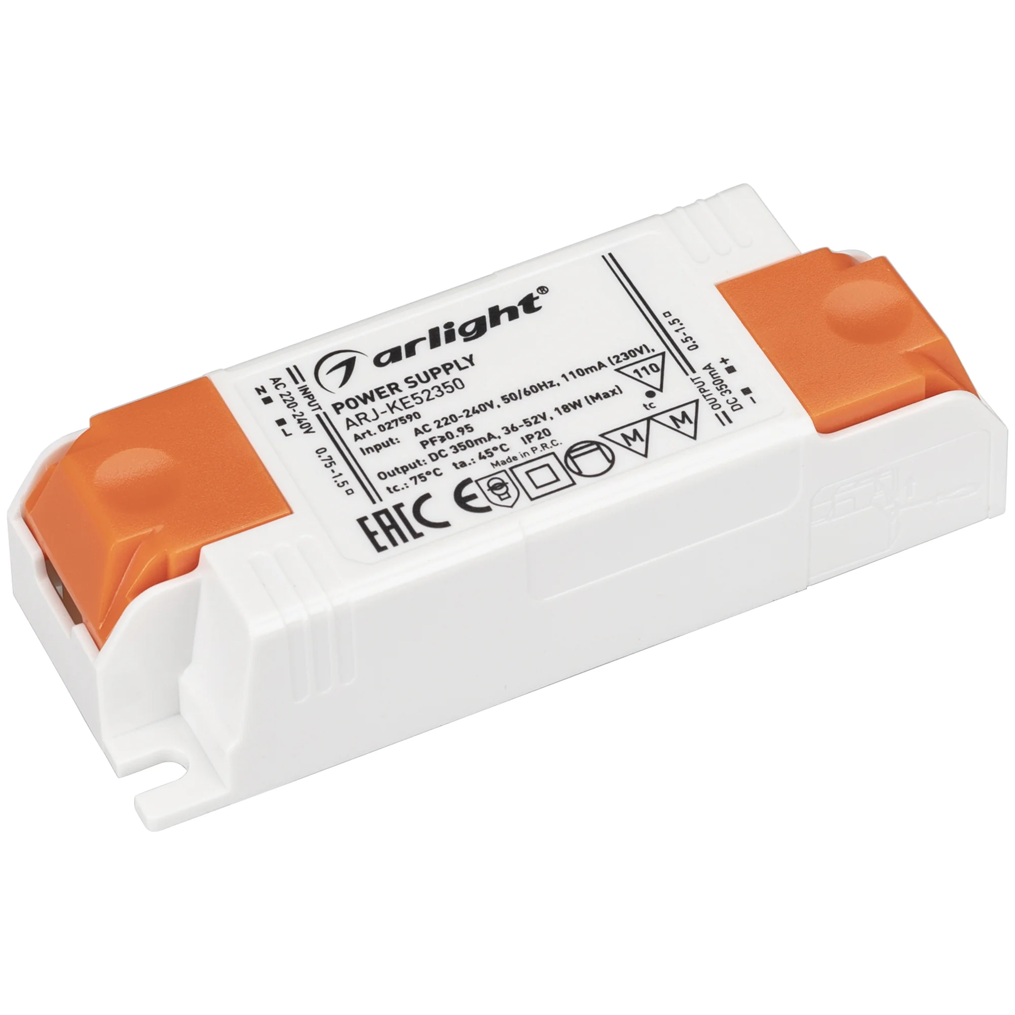 Блок питания ARJ-KE52350 (18W, 350mA, PFC) 027590 - Источник тока с гальванической развязкой для светильников и мощных светодиодов. Входное напряжение 220-240 VAC. Выходные параметры: 36-52 В, 350 mА, 18 Вт. Встроенный PFC >0.92. Негерметичный пластиковый