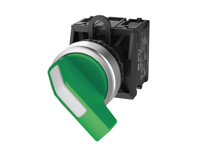Селекторный переключатель (зеленый) TS2011-1BF20 - Переключатель, длинная ручка, 3-х позиционный, без самовозврата, с подсветкой, пластиковое переднее кольцо, без контактной группы, диаметр головки кнопки 29,5 мм, диаметр посадочного отверстия: 22 мм, цве