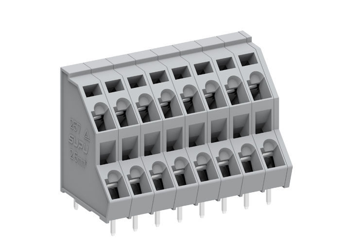 Клемма на плату 257202 - Клемма, 2 этажа, подвод кабеля 45 град., на плату, шаг: 5.0 мм, 4 полюса, фиксация провода пружинная, исполнение: стандартное, 320V, 21A, цвет: серый