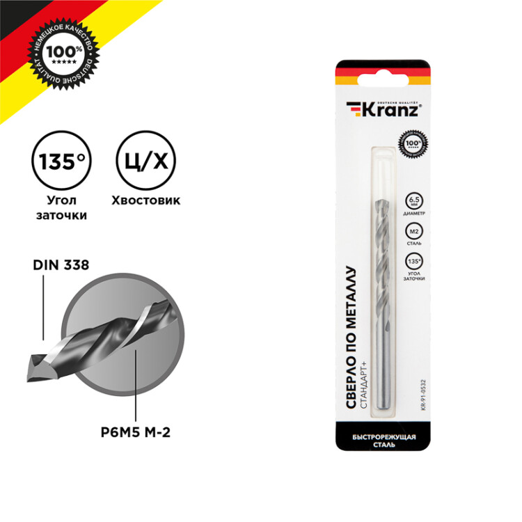 Сверло по металлу 6,5х101х63 мм «Стандарт+» (P6M5 M-2) (1 шт. в блистере) DIN 338 KR-91-0532