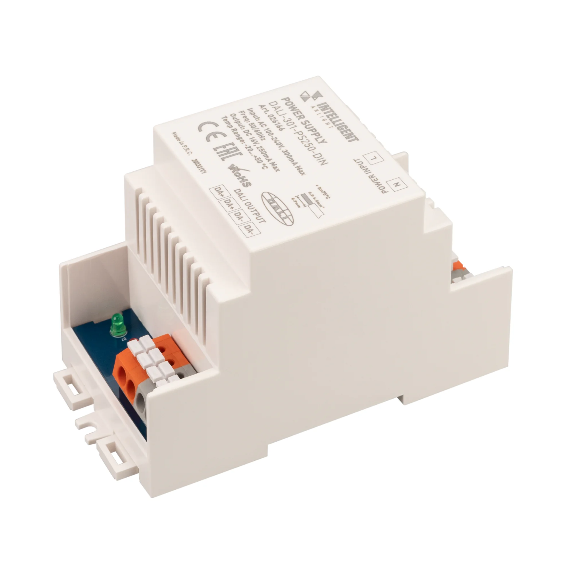 INTELLIGENT ARLIGHT Блок питания шины DALI-301-PS250-DIN (230V, 250mA) 026166 - Источник питания для шины DALI. Монтаж на DIN-рейку. Питание 100-240VAC, выход 16VDC 250mA. Размеры 100x51x53мм