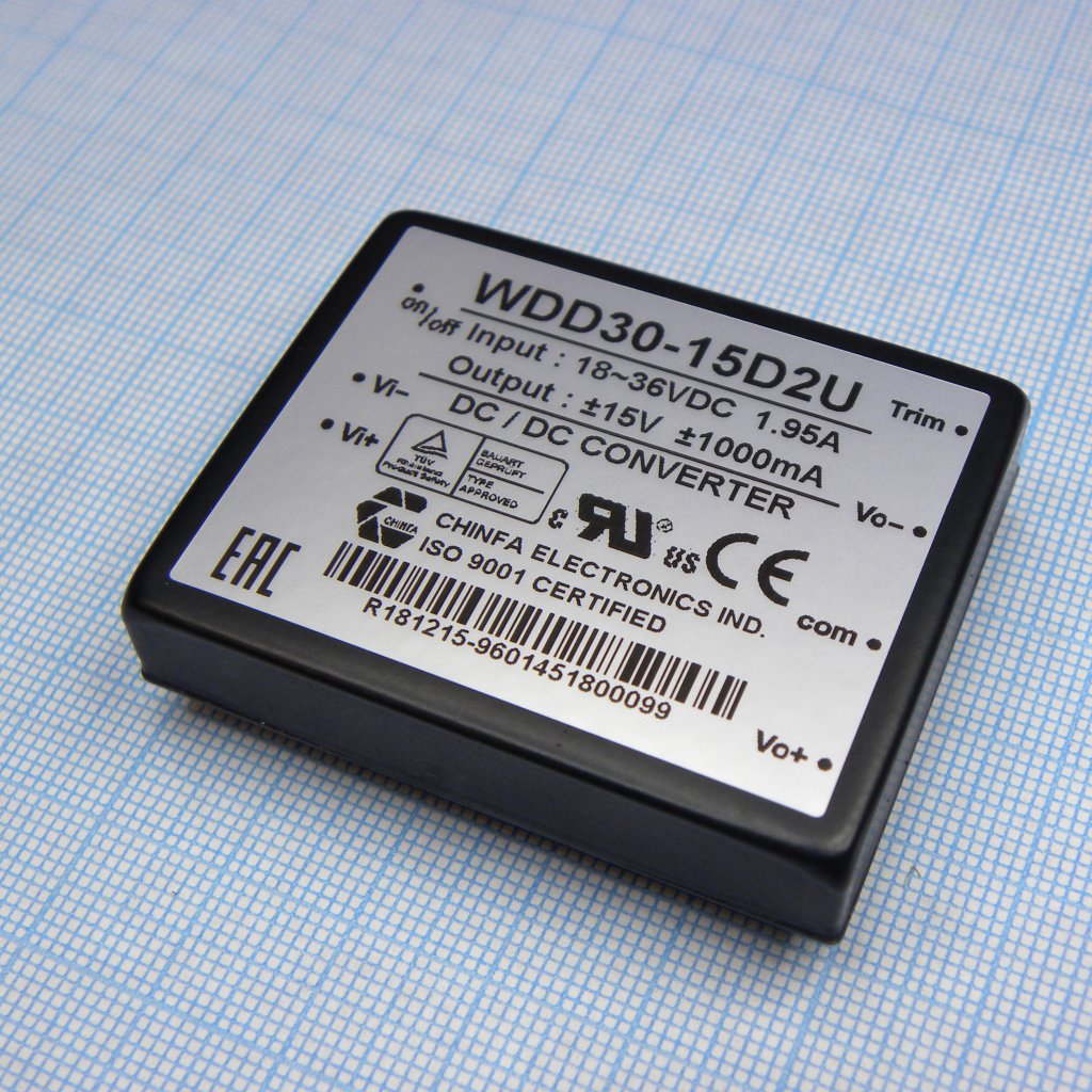WDD30-15D2U - Преобразователь DC/DC, 30Вт, Uвх=18...36В, Uвых=±15В/1А, изоляция 1500В DC, 50.8x40.6х10.2 мм, -40°С…+61°С