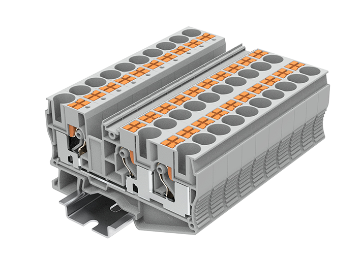 Проходная клемма TP10-3-GY - Проходная клемма, 3 точки подключения, тип фиксации провода: push-in, номинальное сечение: 10 мм кв., 57A, 1000V, ширина: 10,2 мм, цвет: серый, тип монтажа: DIN 35