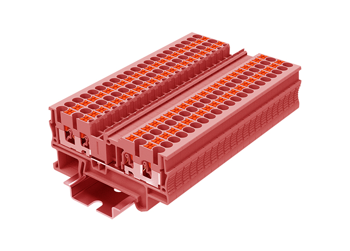 Проходная клемма TP2.5-4-RD - Проходная клемма, 4 точки подключения, push-in, номинальное сечение: 2,5 мм кв., 24A, 500V, ширина: 5,2 мм, цвет: красный, тип монтажа: DIN 35
