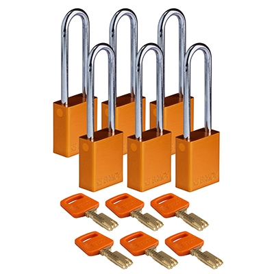 gws150344 - Замки SafeKey алюминиевые со стальной дужкой, высота дужки – 76 мм, диаметр дужки – 6.4 мм, алюминиевый корпус, размеры корпуса – 46х38х19 мм, цвет – оранжевый, 6 шт/упак