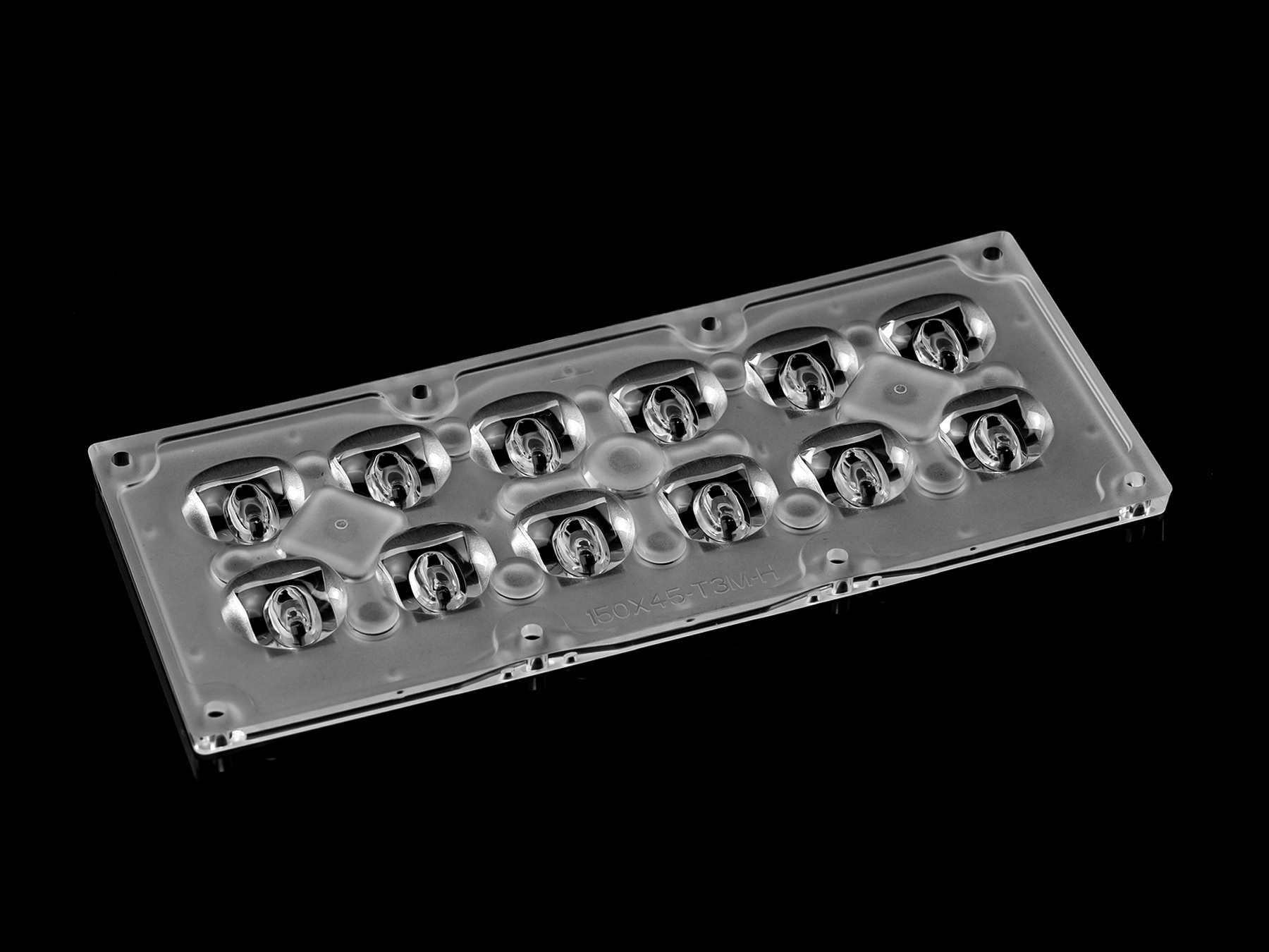 ALST173D12LED5050T3M-H - Групповая прямоугольная линза 2x6 на 12 светодиодов 3030/3535/5050, эфф=93%, диаграмма T3 горизонтальная, 173x71.4mm   H:9,38mm, PMMA