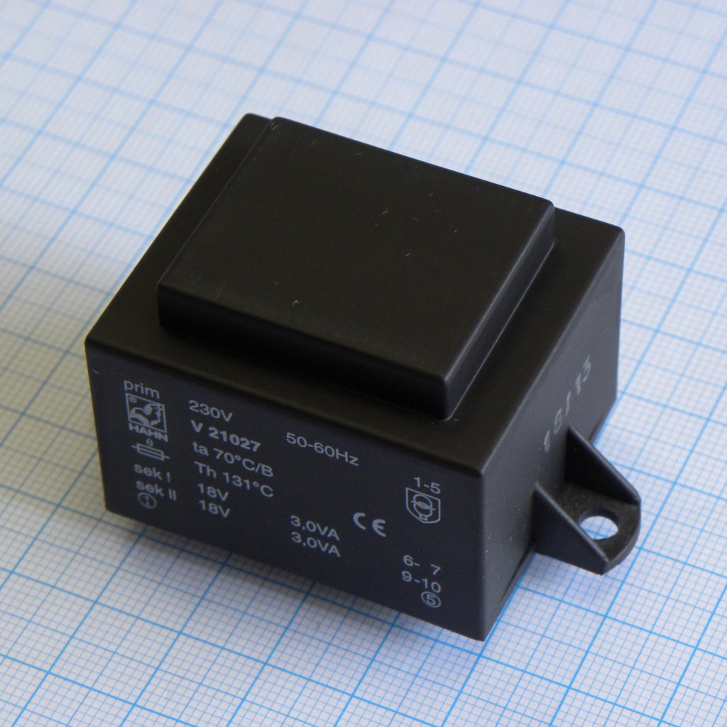 V 21027 - Трансформатор питания 6ВА  230В 2x18В  2x167мА  термопредохранитель 131 C,  70 C/B (EI 42/14,8)32,6