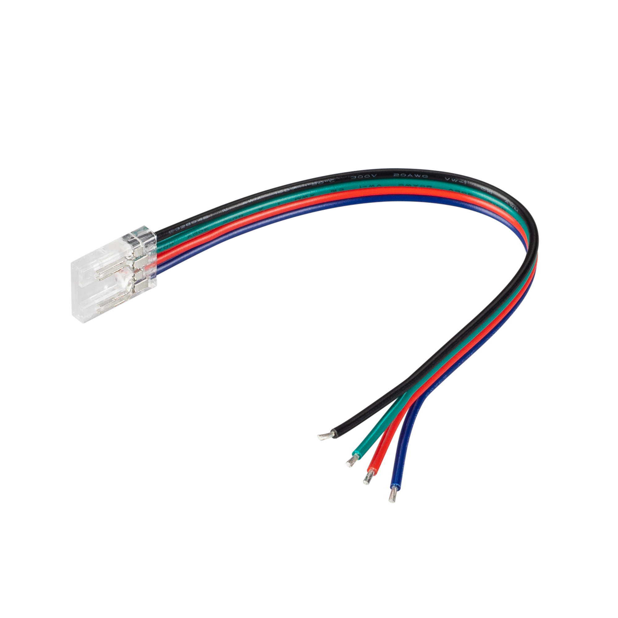 Коннектор COB-RGB-10mm-4pin-STW-L150 042064 - Одиночный коннектор (с проводом 150мм) для подключения питания к открытым IP20 COB лентам RGB и MIX свечений, шириной 10 мм. Материал - прозрачный пластик. Обеспечивает соединение без видимых разрывов. Максима